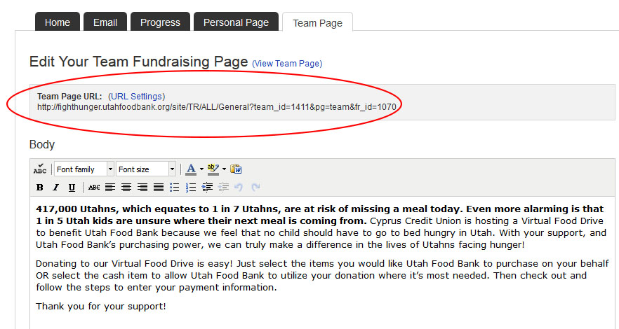 Team Fundraising Page URL
